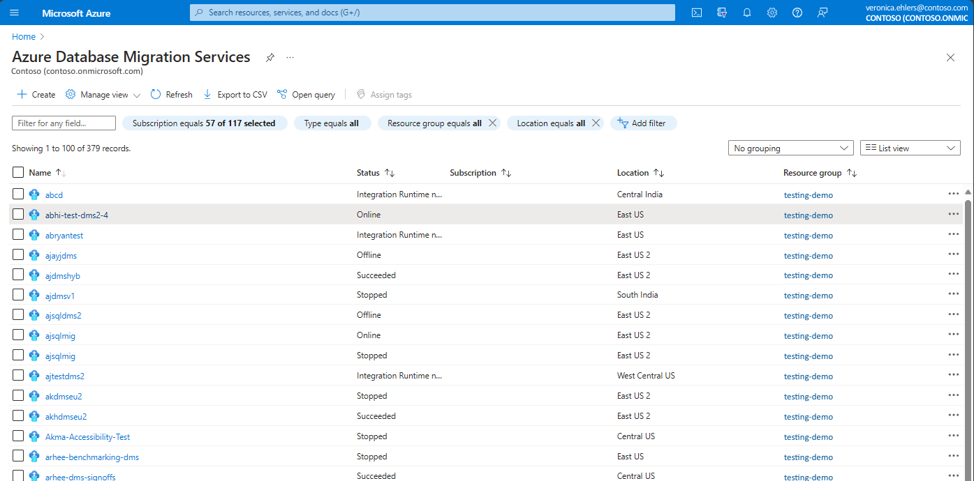 Screenshot that shows Database Migration Service create option.