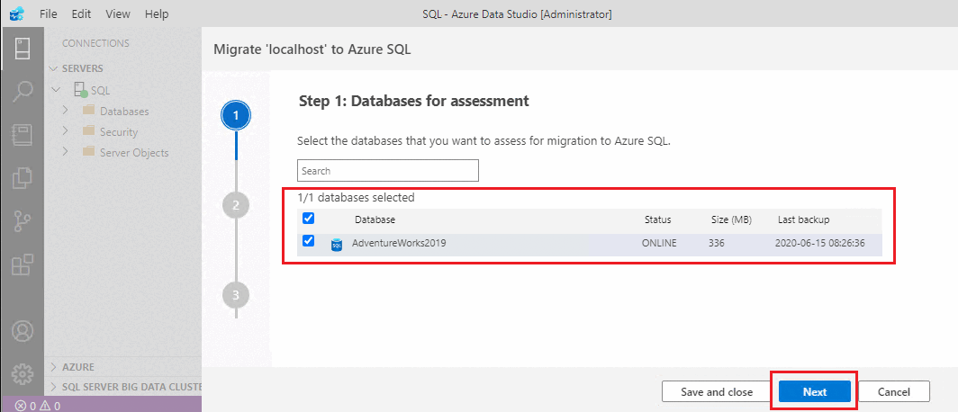 Screenshot that shows selecting a database for assessment.
