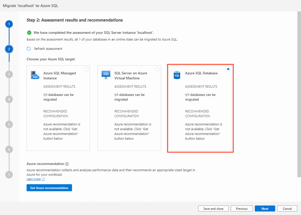 Screenshot that shows selecting the Azure SQL Database target.