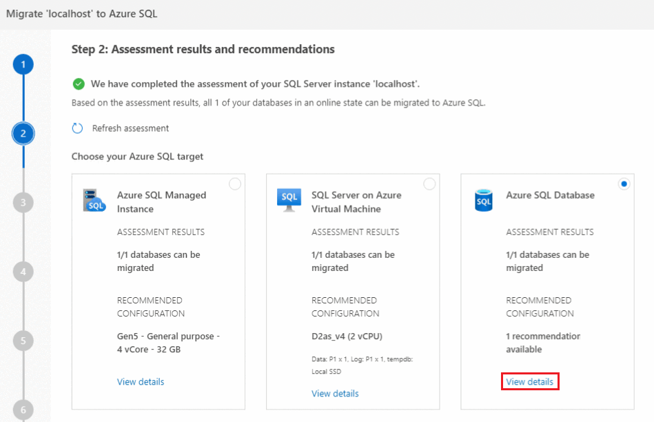 Screenshot that shows the View details link for the target database recommendations.