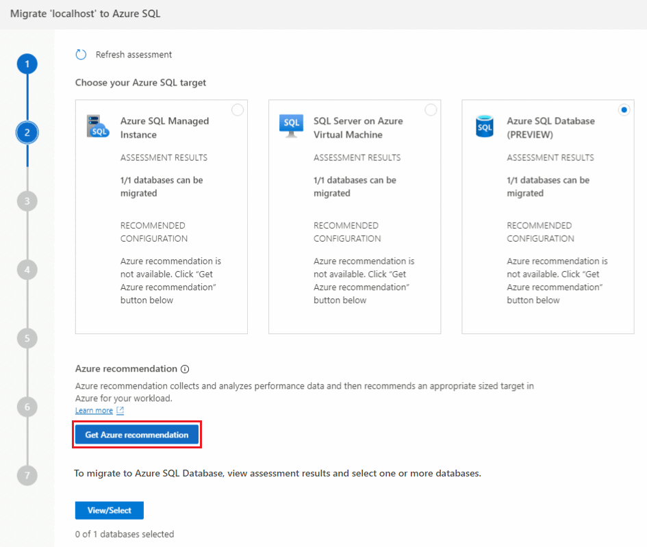 Screenshot that shows Azure recommendations.