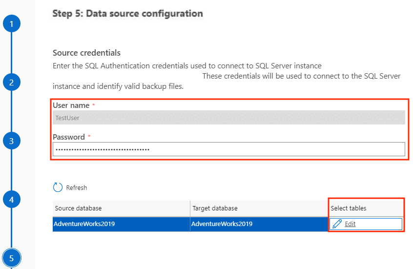 Screenshot that shows source SQL Server credentials.