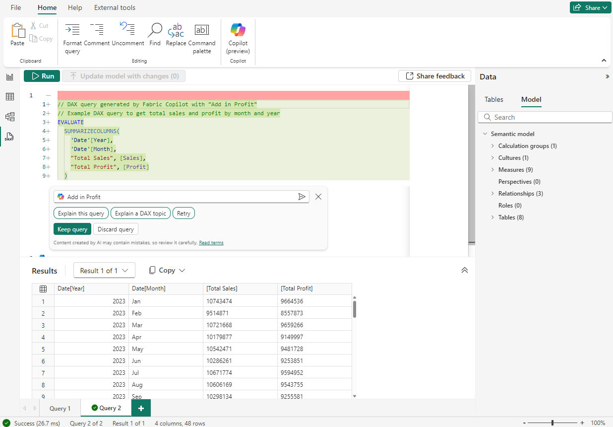 Screenshot of asking DAX to explain the query.