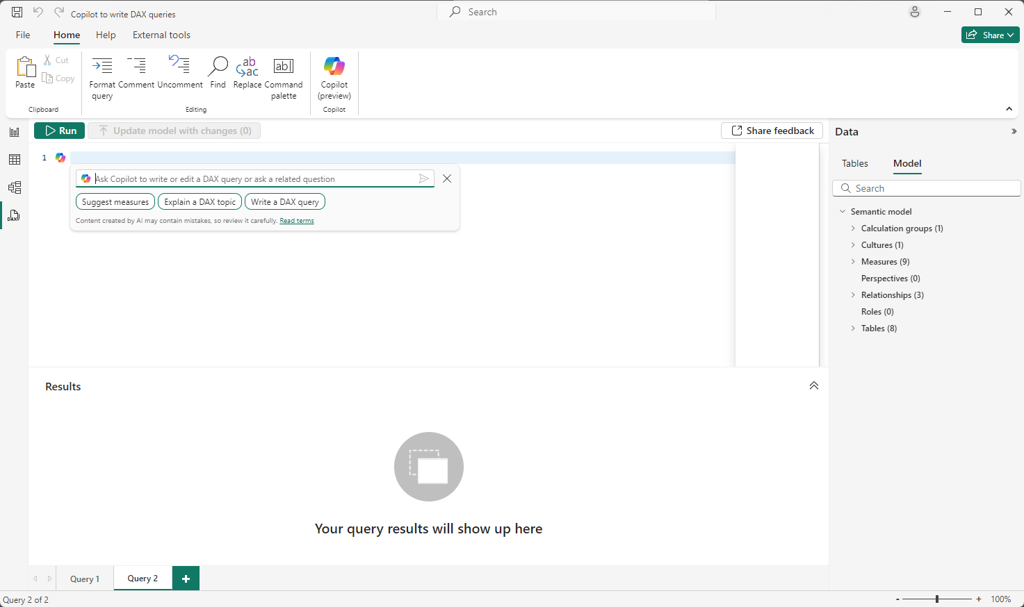 Screenshot showing Power BI Desktop with Fabric Copilot in DAX query view.