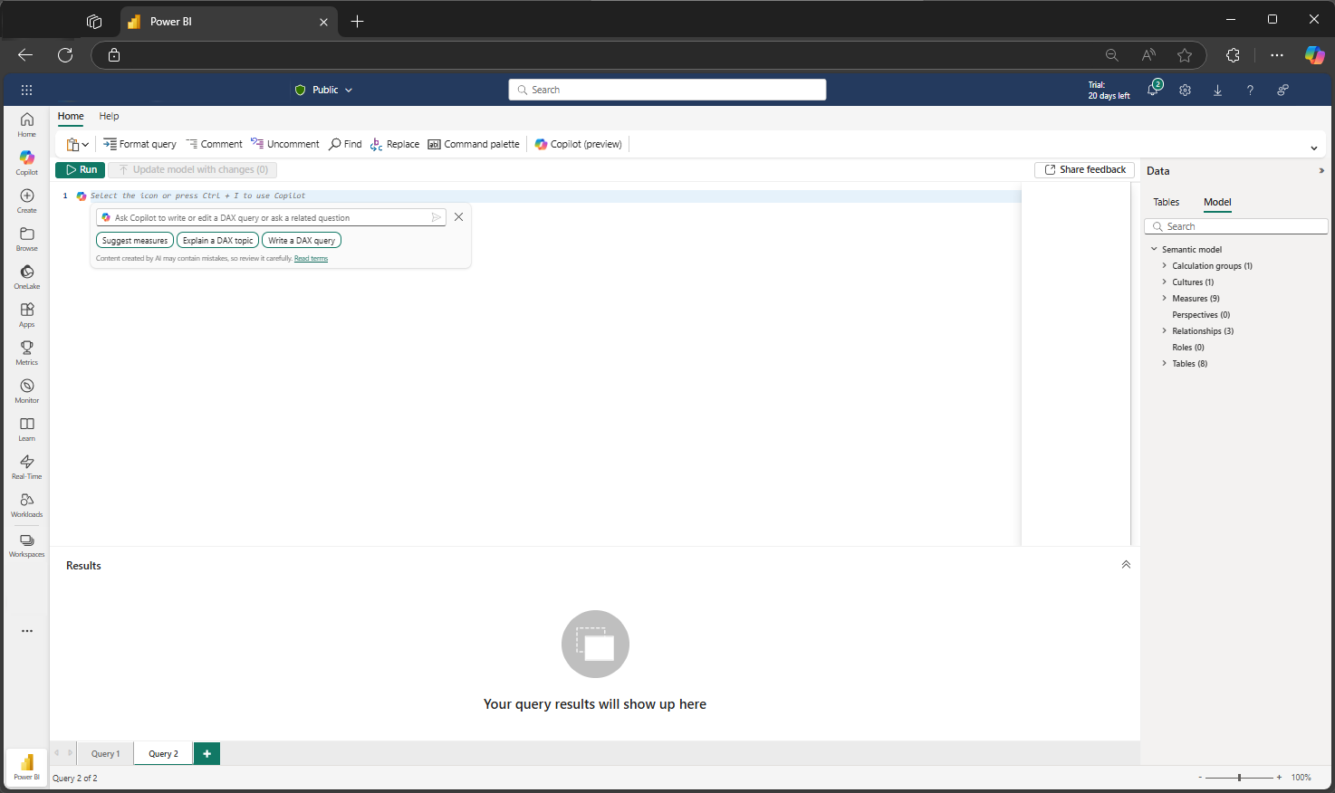 Screenshot showing Power BI service with Fabric Copilot in DAX query view.
