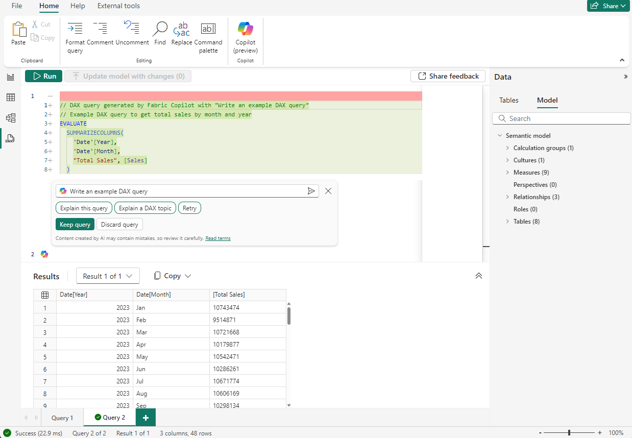 Screenshot of running the DAX query before you save it.