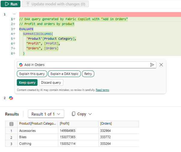 Screenshot showing how to build the DAX query conversationally.