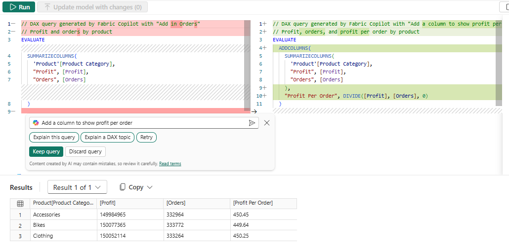 Screenshot showing diff styling to see what Copilot has changed.