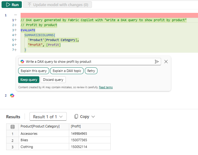 Screenshot showing Run DAX query generated by Fabric Copilot.