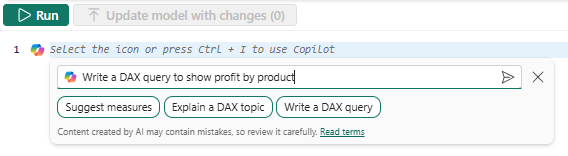 Screenshot showing Copilot with the prompt Write a DAX query to show profit by product.