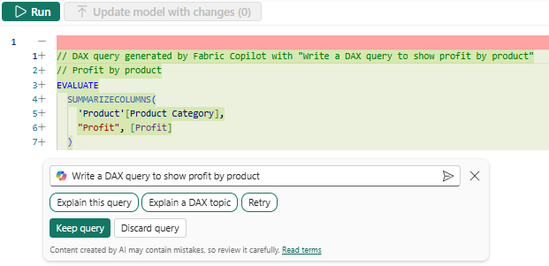Screenshot showing DAX query generated by Fabric Copilot.