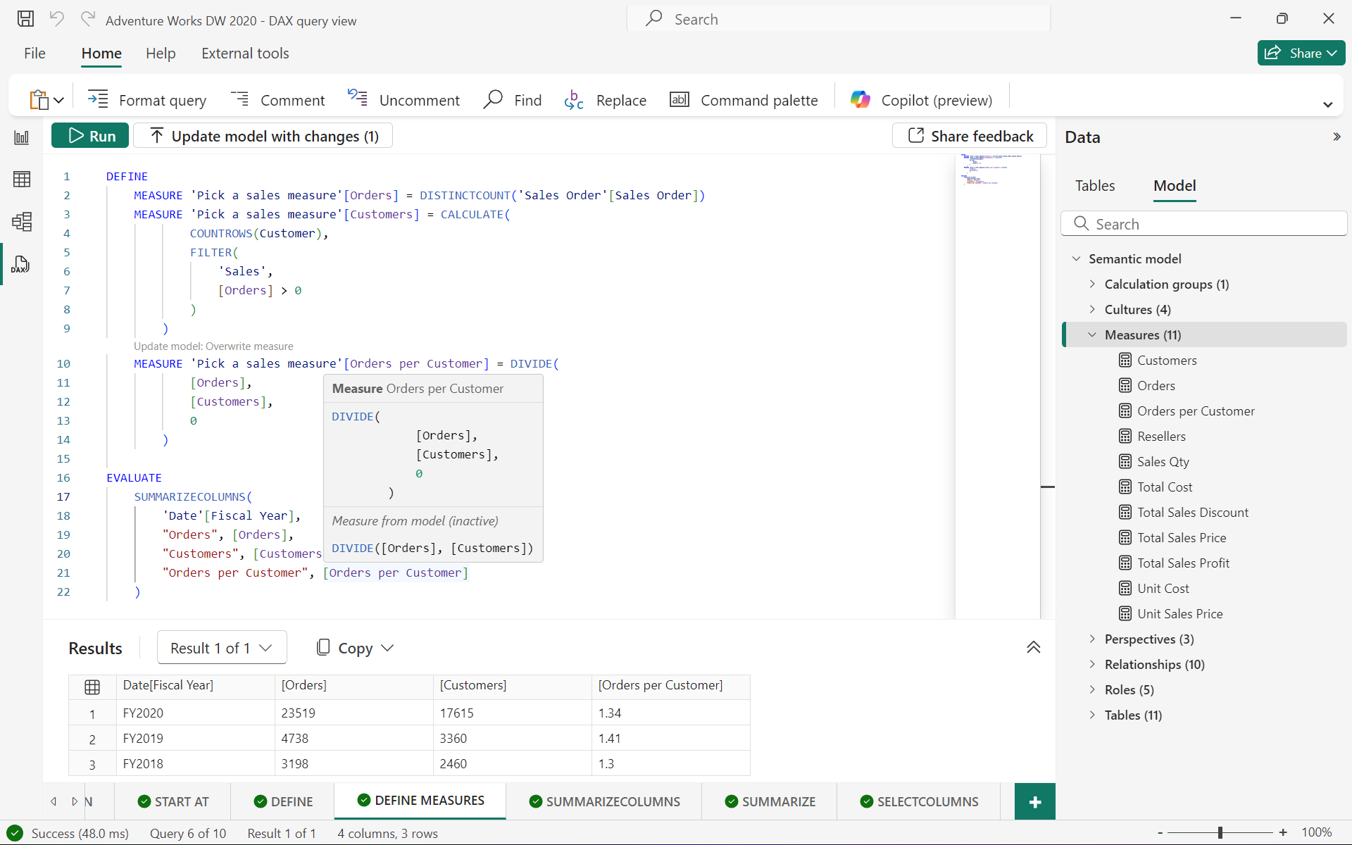 Screenshot showing how to use DEFINE MEASURE for a DAX query in DAX query view of Power BI Desktop.