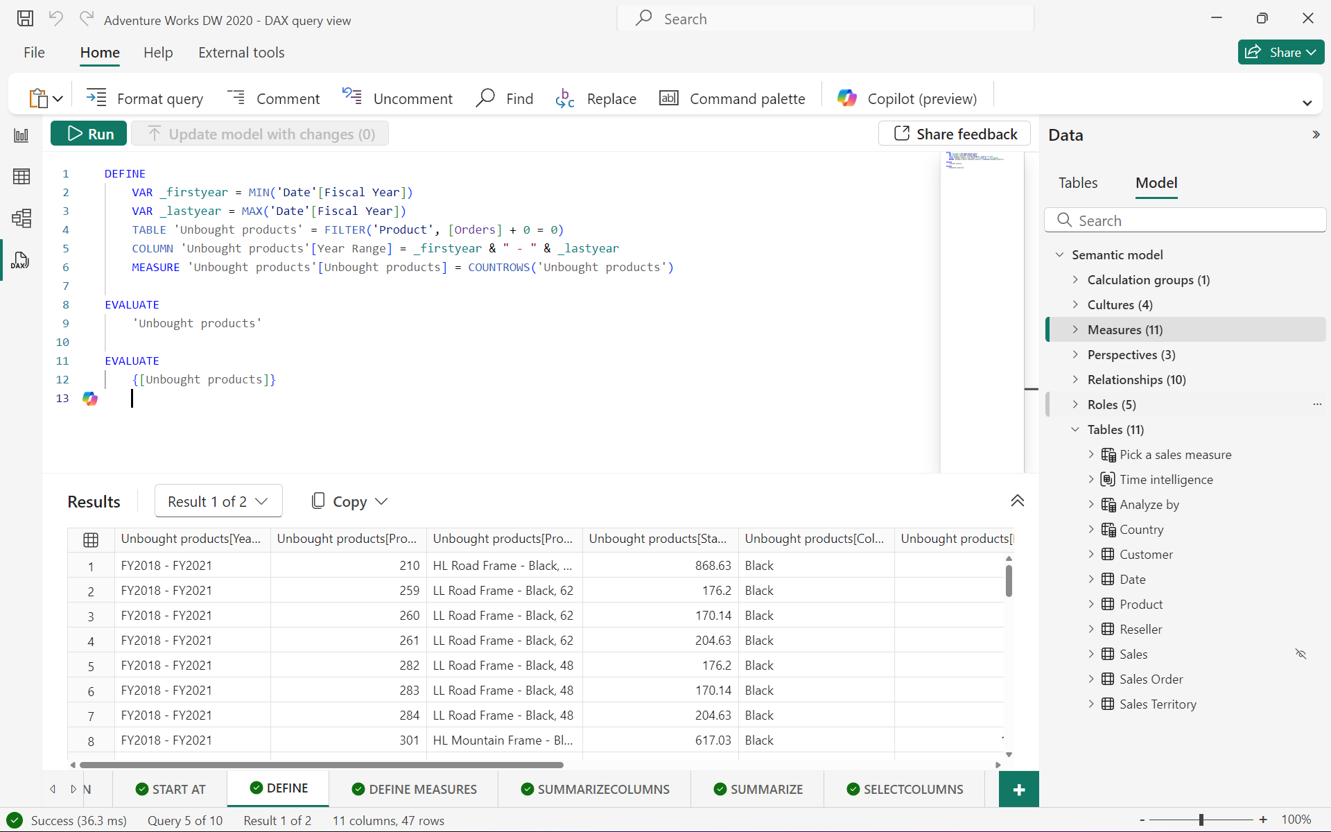 Screenshot showing how to use DEFINE for a DAX query in DAX query view of Power BI Desktop.
