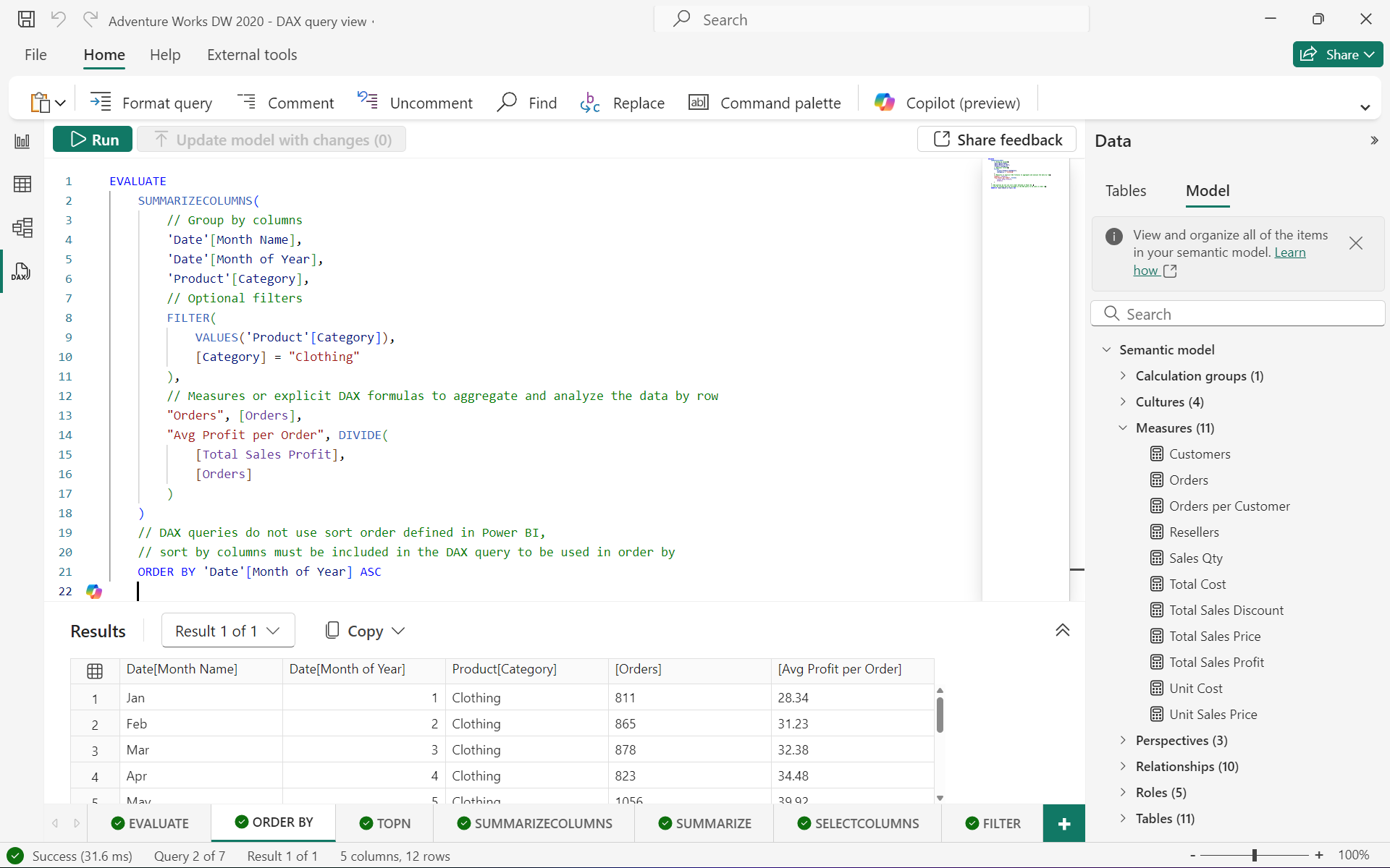 Screenshot showing how to use ORDER BY for a DAX query in DAX query view of Power BI Desktop.