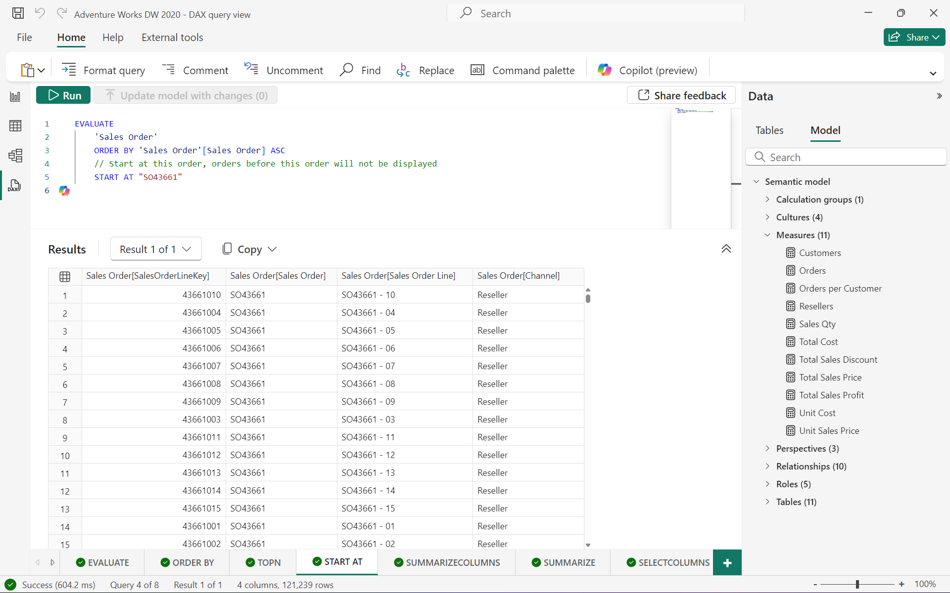Screenshot showing how to use ORDER BY and START AT for a DAX query in DAX query view of Power BI Desktop.