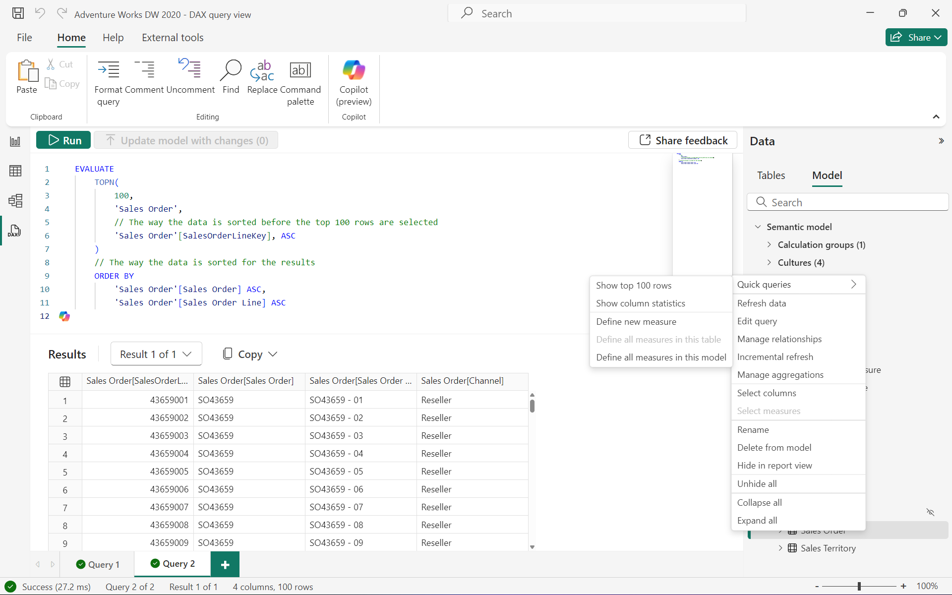 Screenshot showing how to use TOPN and ORDER BY for a DAX query in DAX query view of Power BI Desktop.