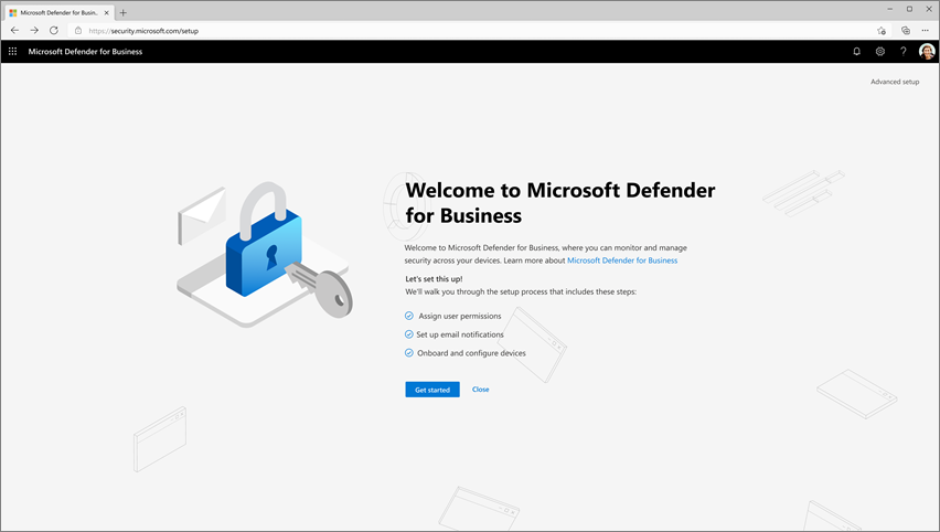 Screenshot of wizard home screen to set up Defender for Business.
