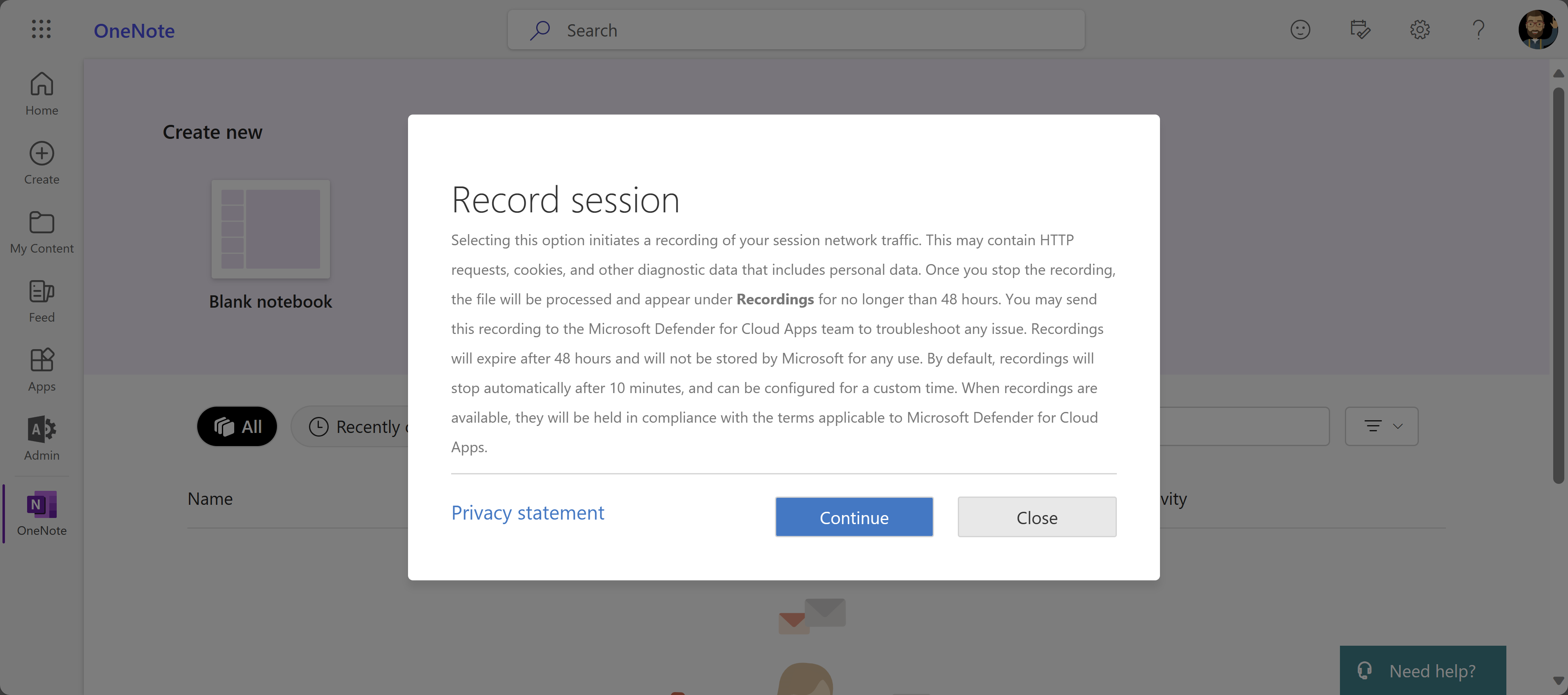 Screenshot of the session recording privacy statement dialog.