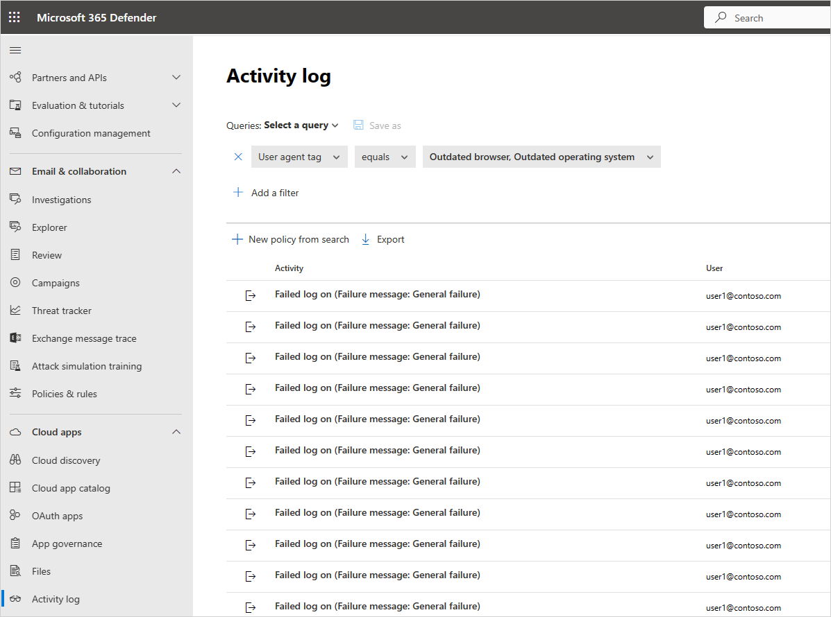 Screenshot that shows the Activity log with an outdated browser example.