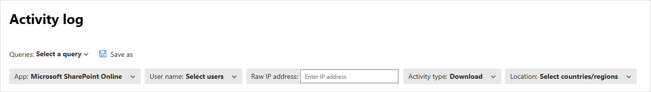 Screenshot that shows the basic activity log filter.
