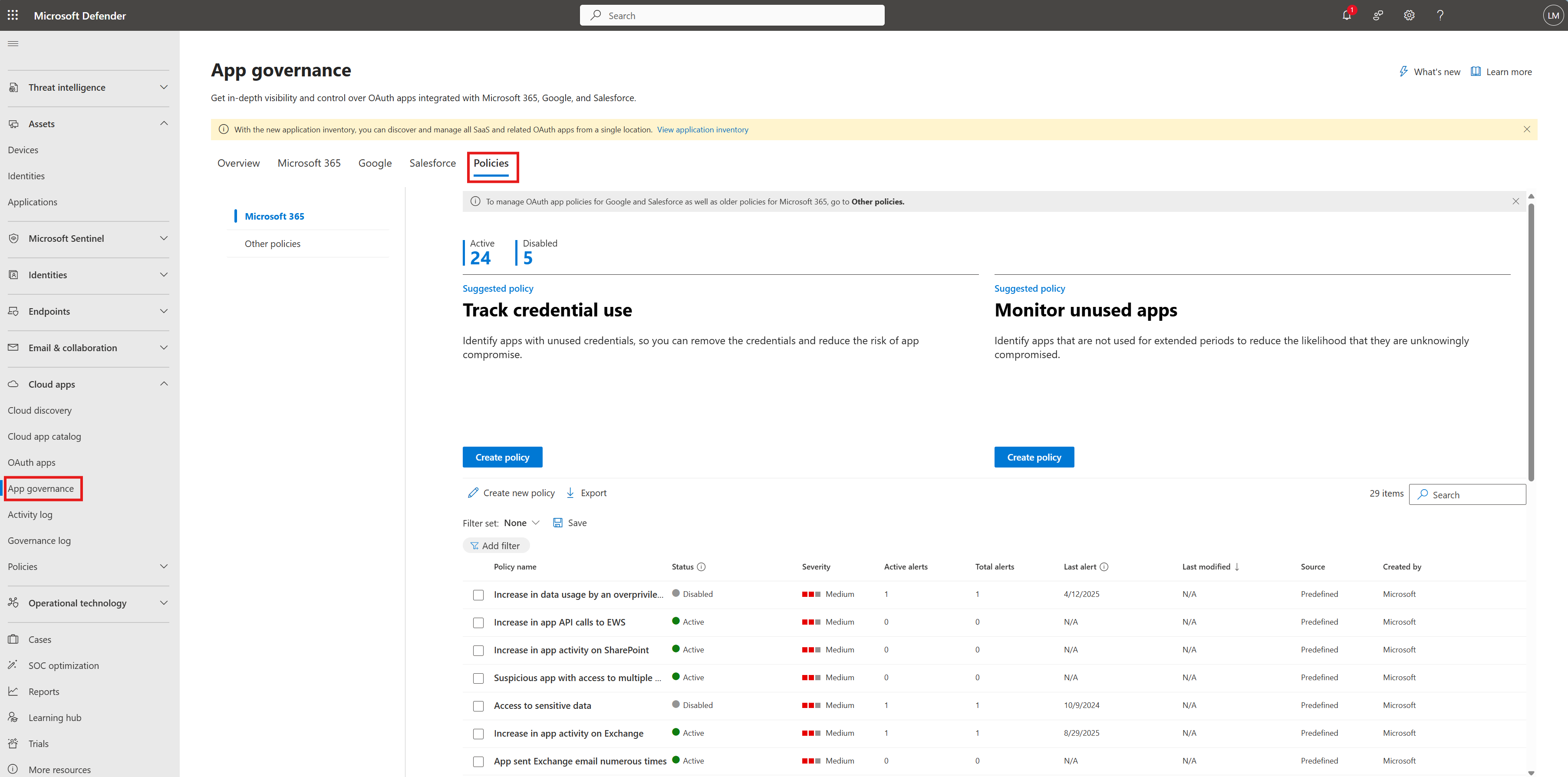 Screenshot that shows the app governance app polcies.