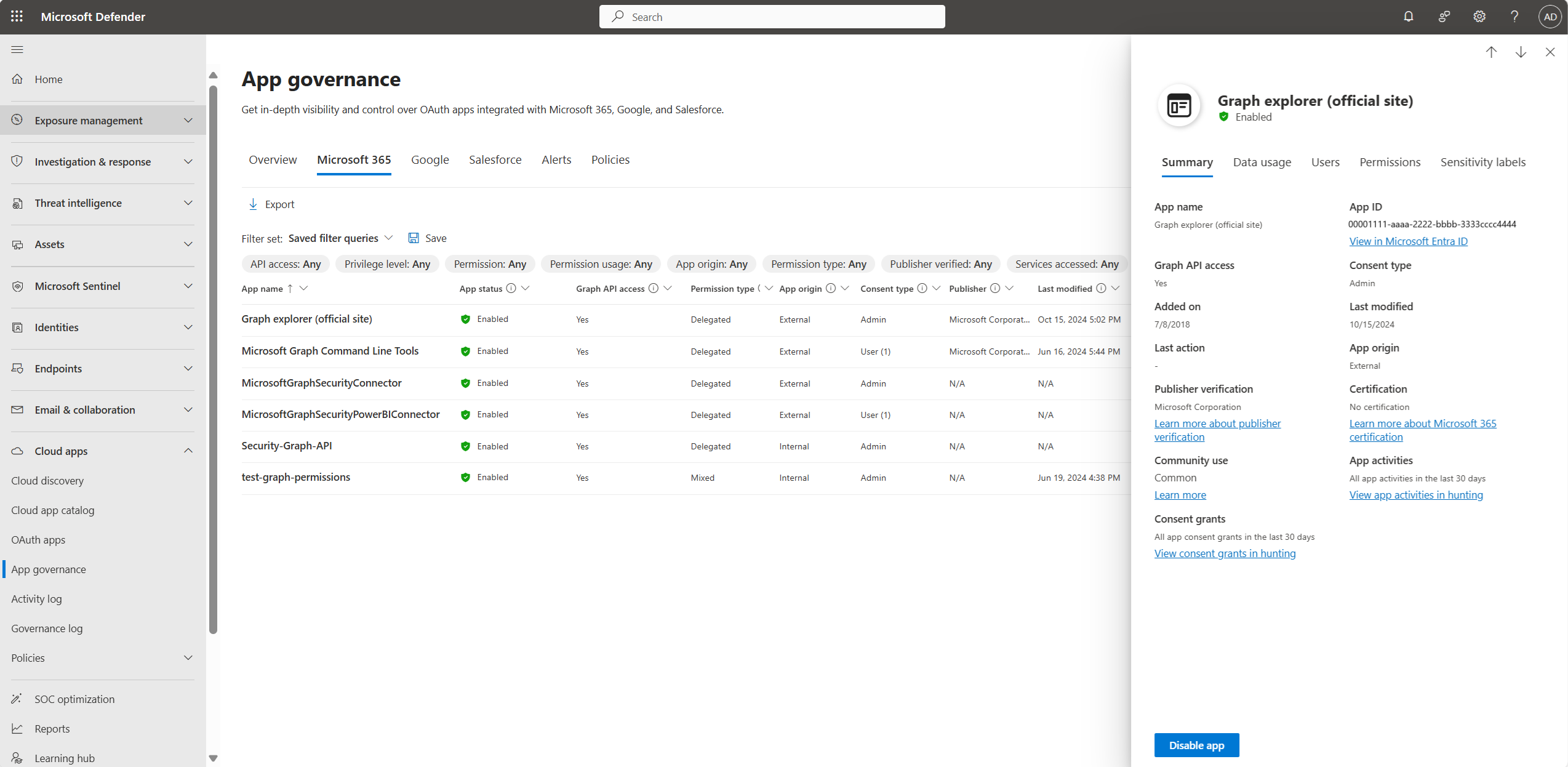 Screenshot of the app details pan showing an app summary.