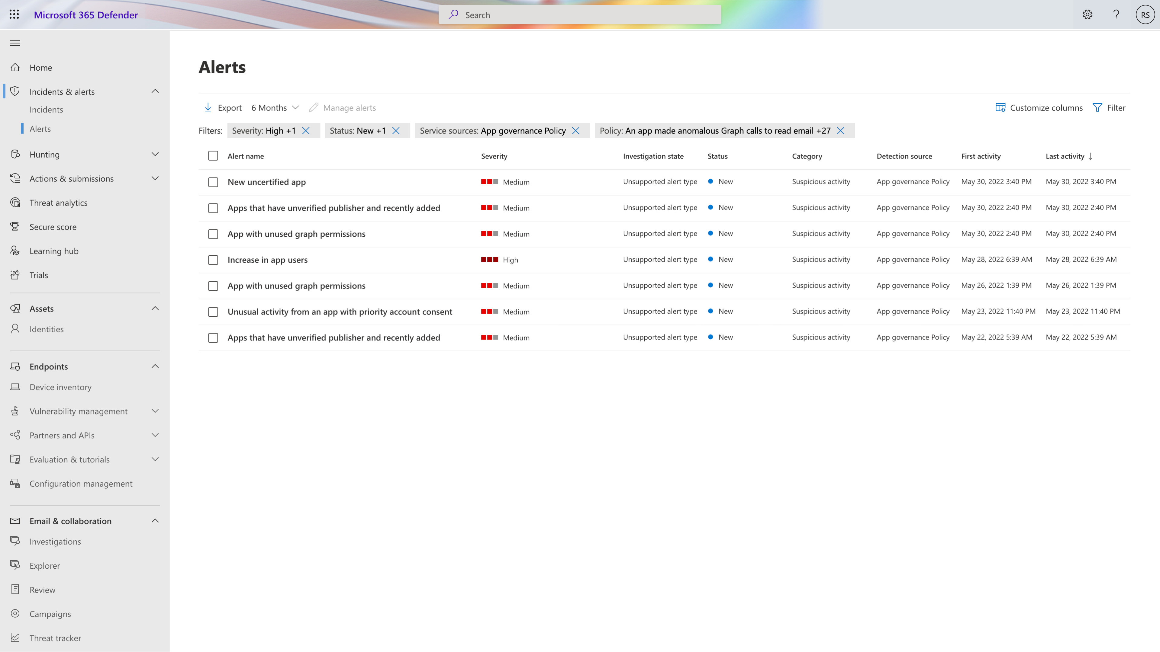 Screenshot of the app governance alerts filtered in the Microsoft Defender XDR alerts.