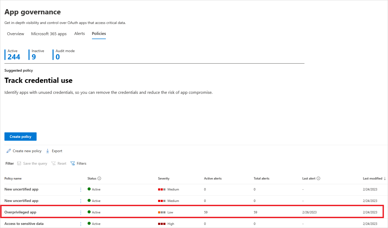 Screenshot of the app governance policies summary page in Microsoft Defender XDR, with a highlighted policy.