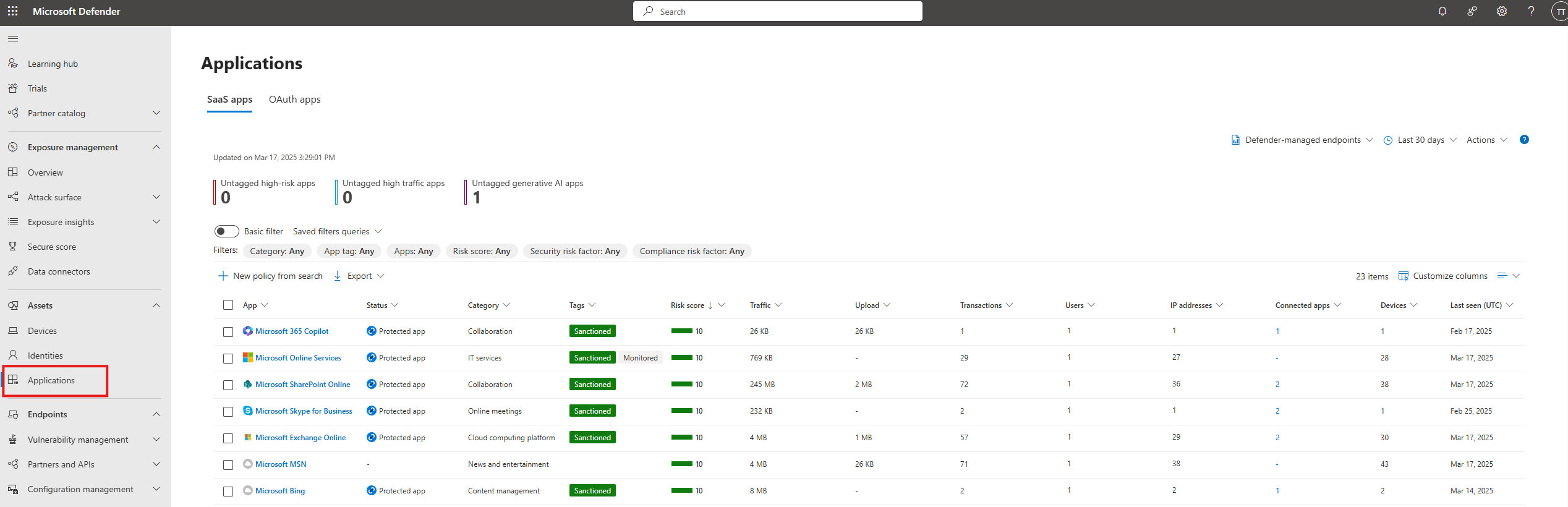 Screenshot of the applications tab in the Defender portal