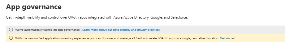 Screenshot of the App Governance page with a banner about the new unified application inventory experience for managing OAuth and SaaS apps