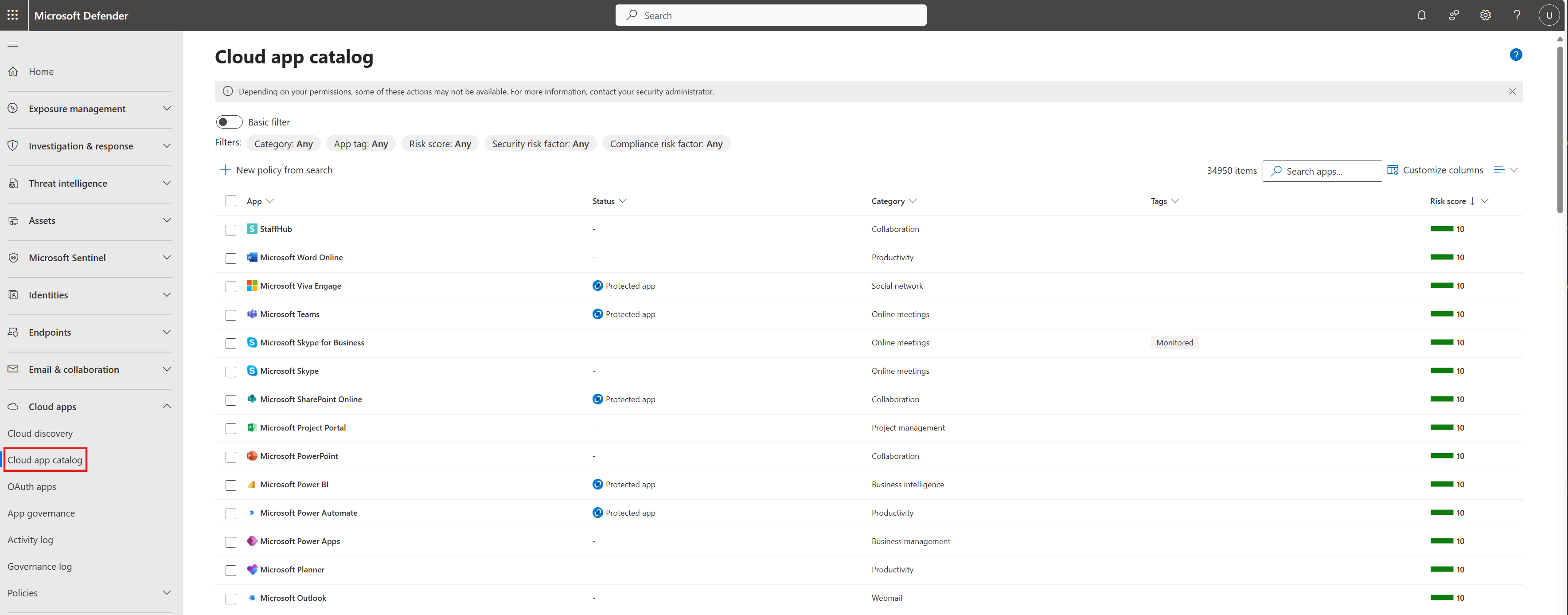 Screenshot showing the cloud app catalog