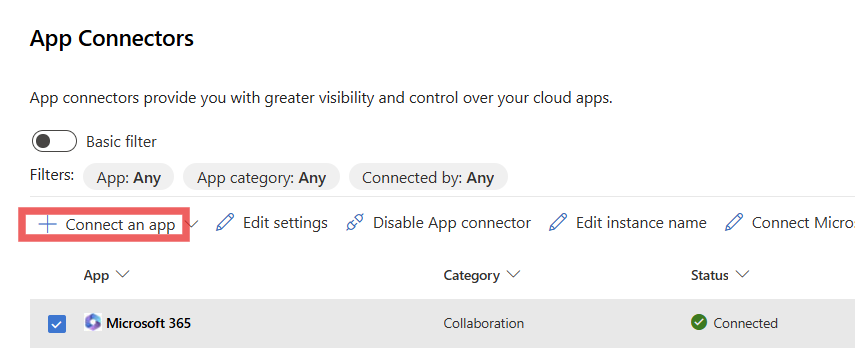 Screenshot that shows the connect an app button.