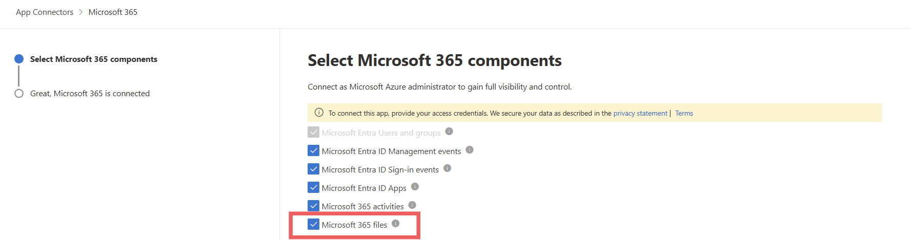 Screenshot showing the Connect Office 365 components page with the Microsoft 365 files box checked.
