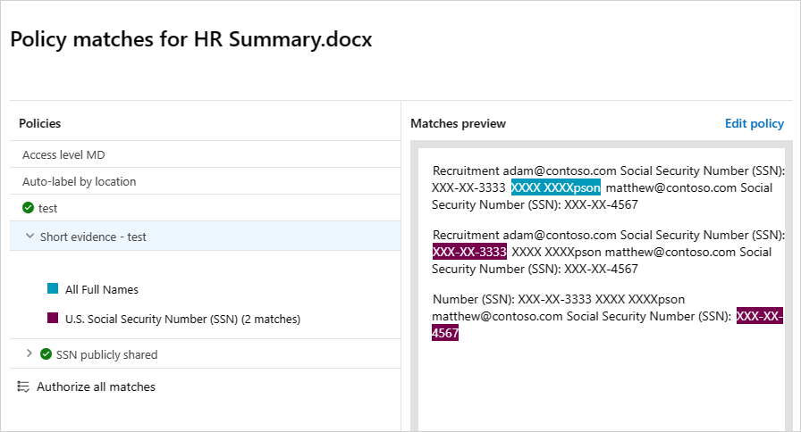 Content matches Social Security numbers.