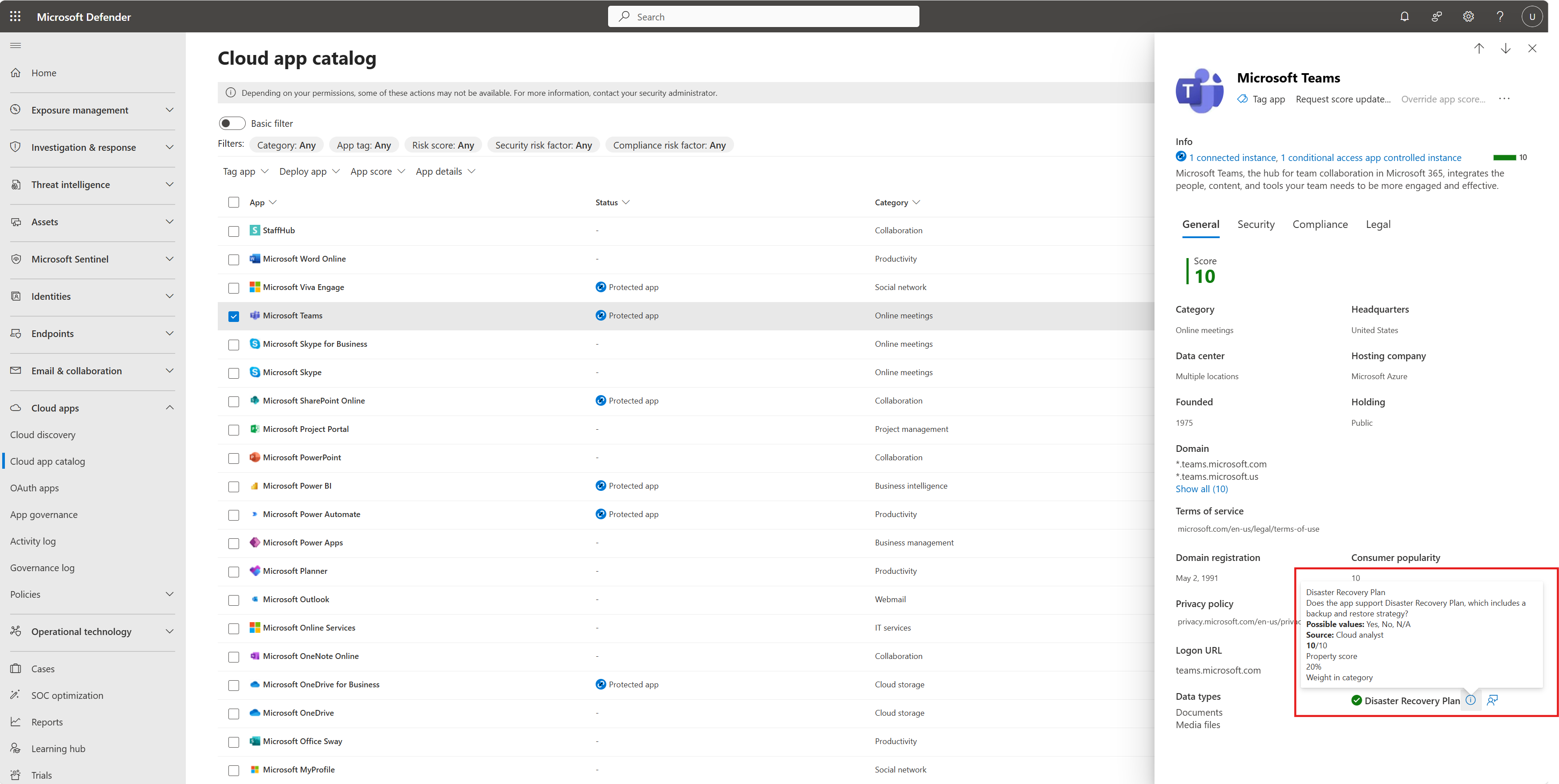 Screenshot showing more information about the disaster recovery plan with a risk calculation score