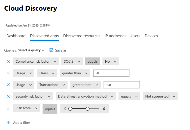 Screenshot of discovered app filters.