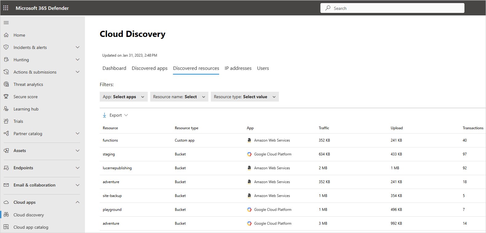 Screenshot that shows the discovered resources menu.