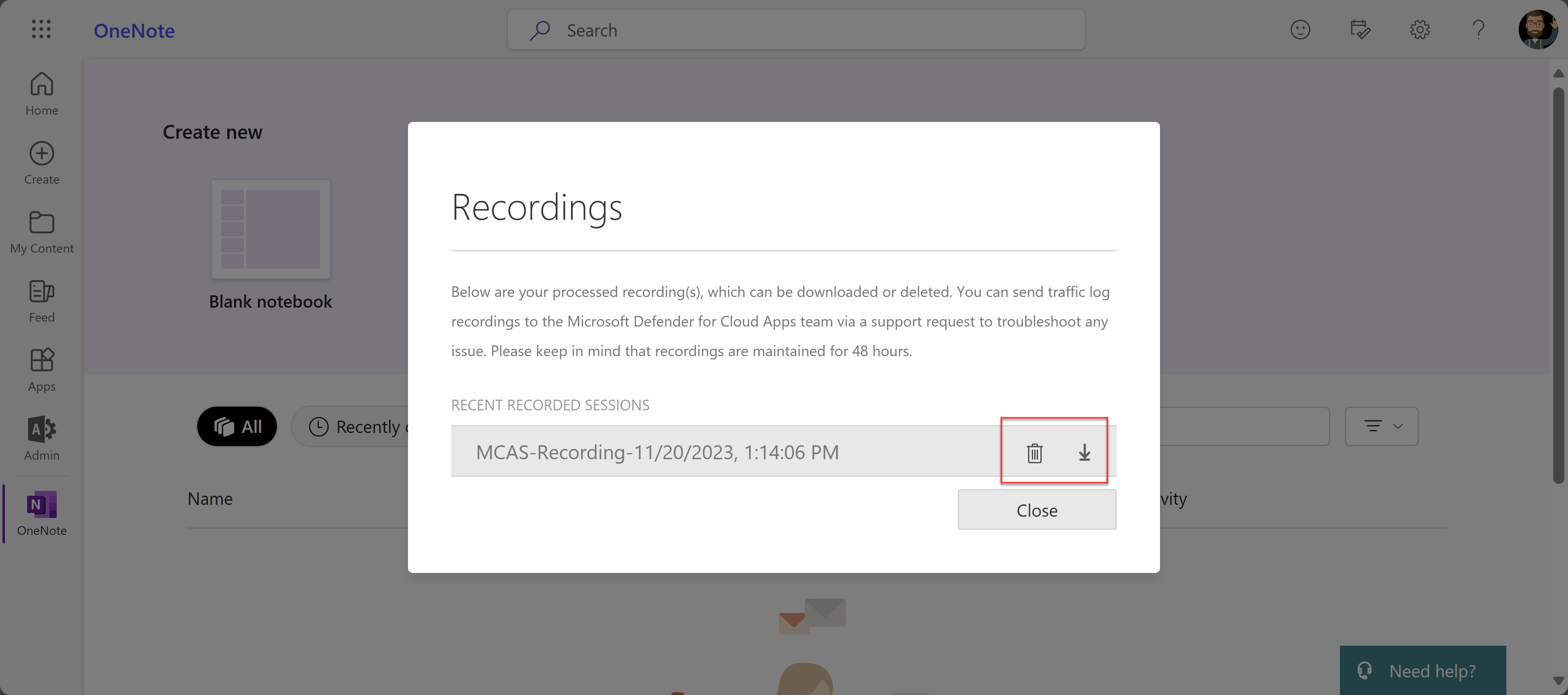 Screenshot of downloading or deleting a recording.