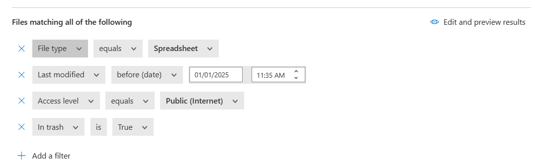 Screenshot showing multiple filter types for file policies