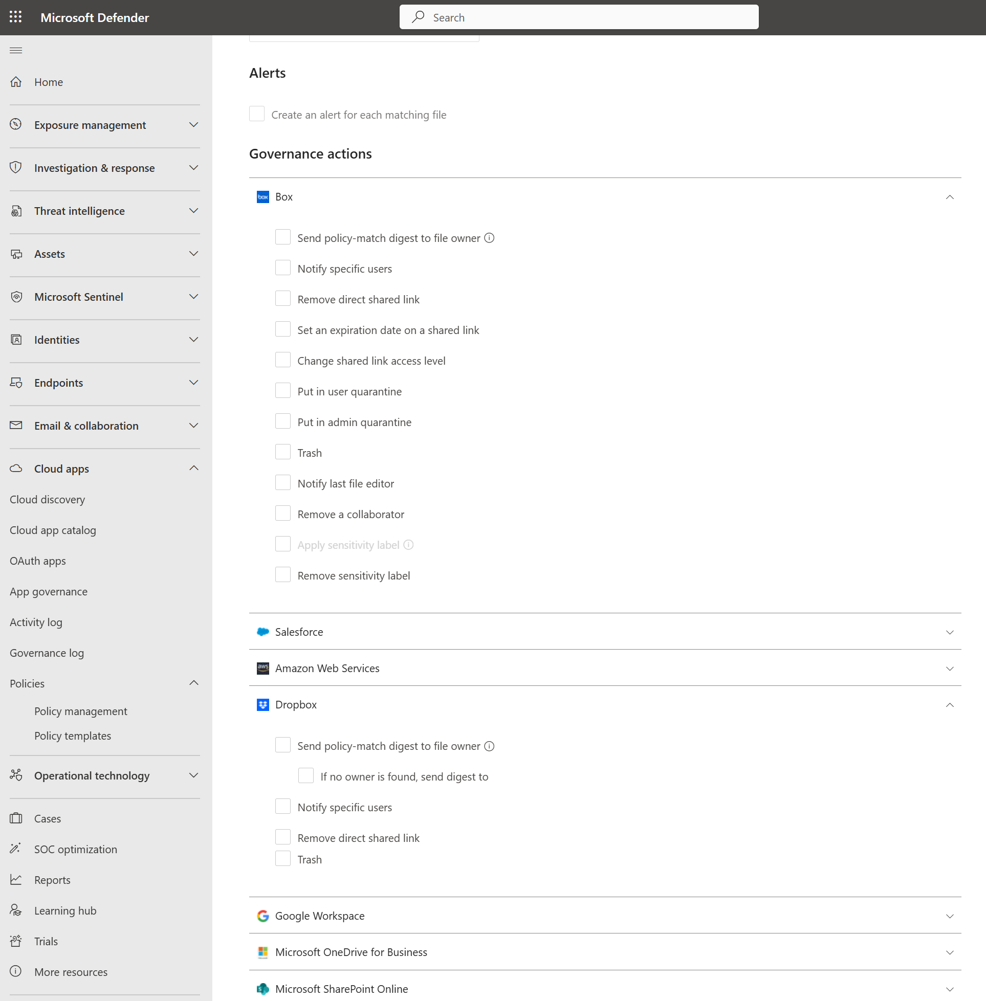 Screenshot that shows the available file governance actions for Box and Dropbox.