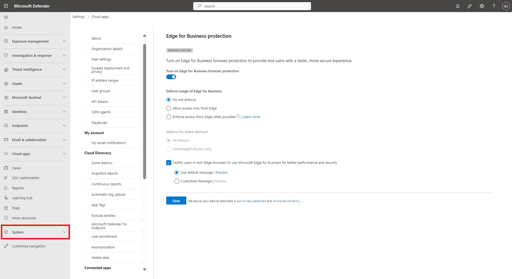 Screenshot of Microsoft Edge for business protection settings.
