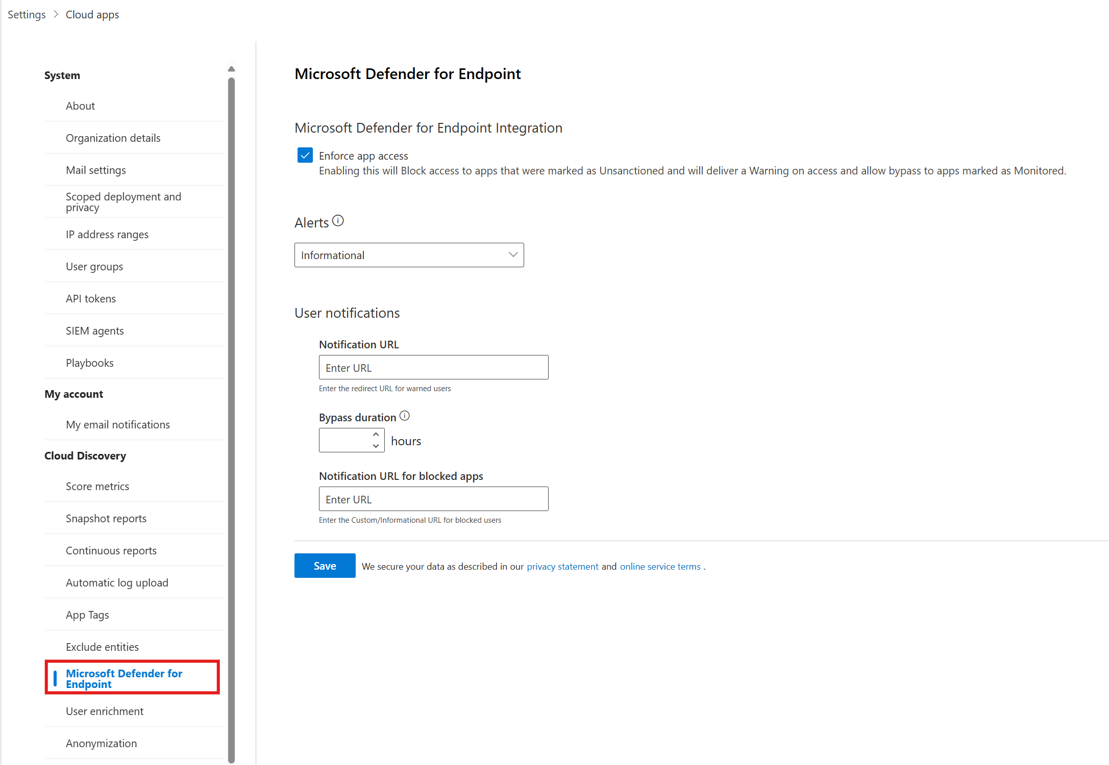 Screenshot that shows the Defender for Endpoint alert settings.