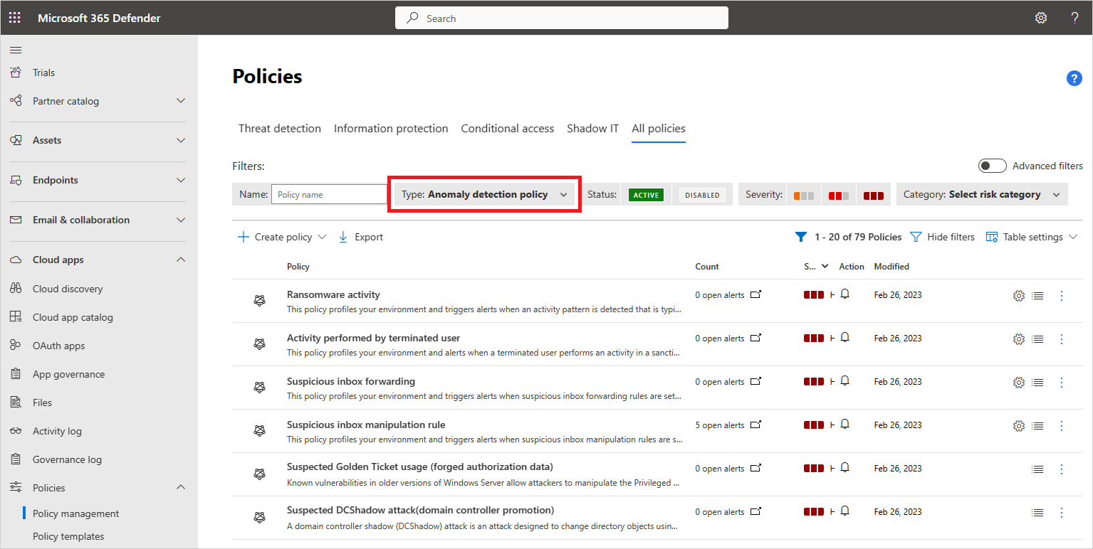 Screenshot showing how to filter anomaly detection policies.