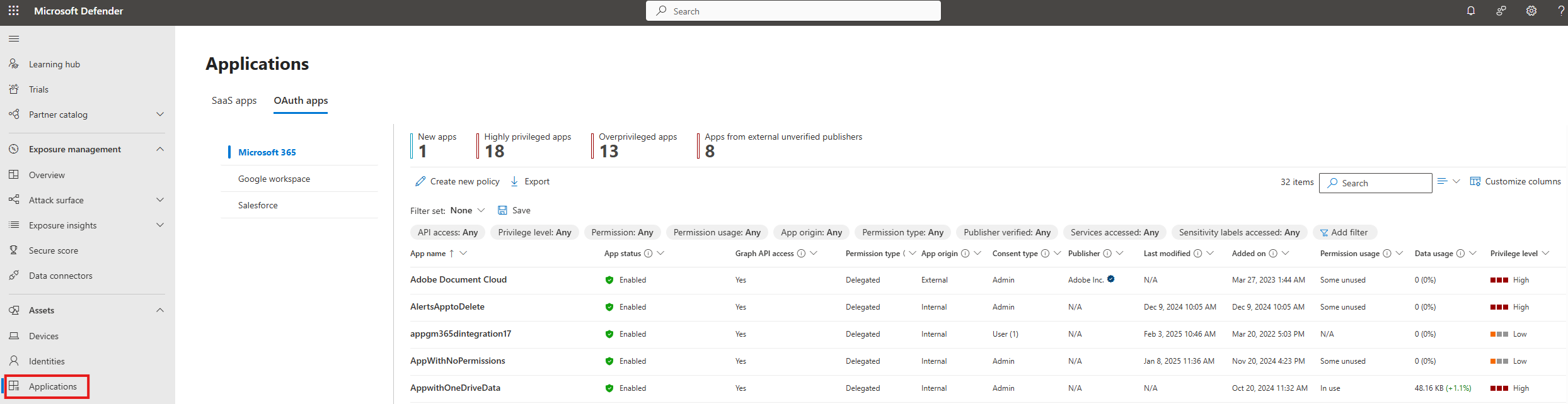 Screenshot of a list of OAuth apps in the applications page in the Defender portal