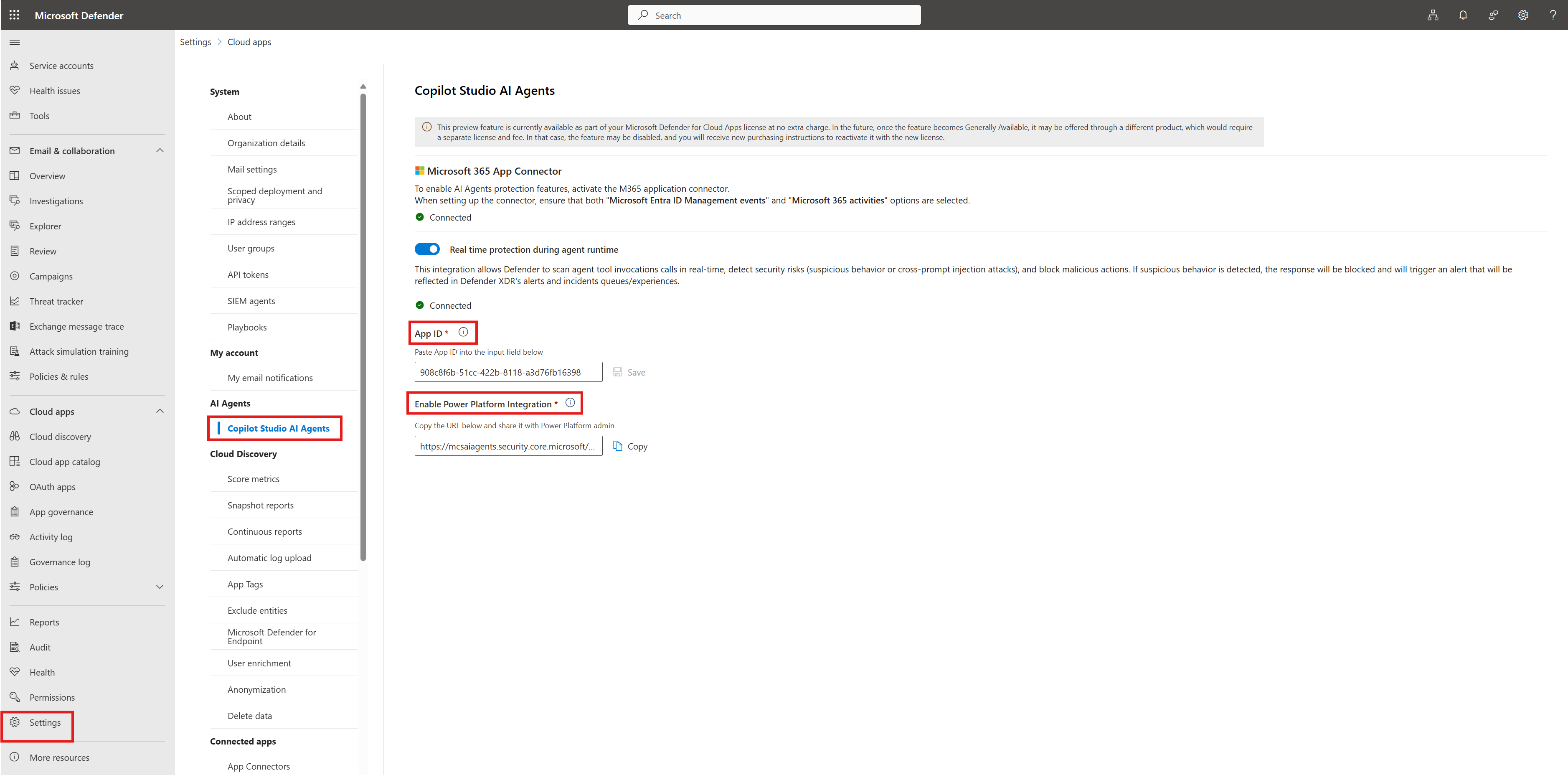 Screenshot that shows how to turn on Real time agent protection during runtime in the Defender portal.