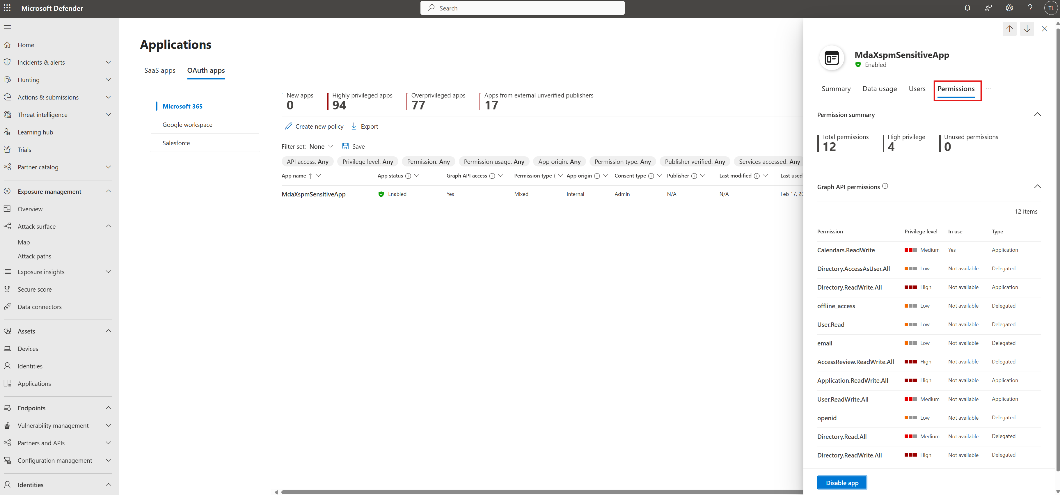 Screenshot showing the permissions assigned to the Oauth app
