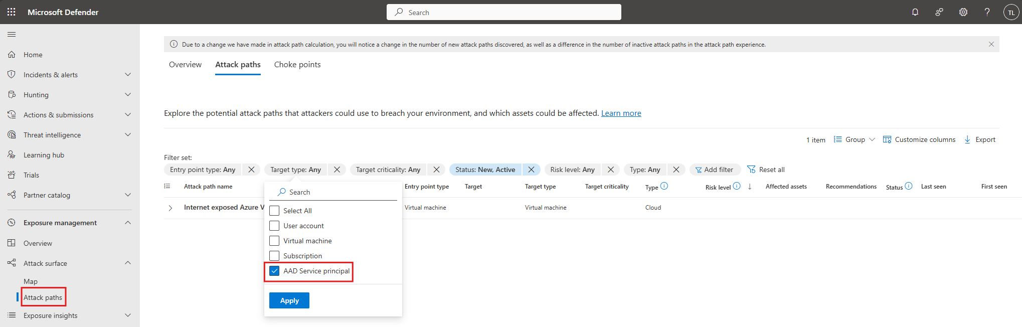 Screenshot of the attack paths service add pricipal target type