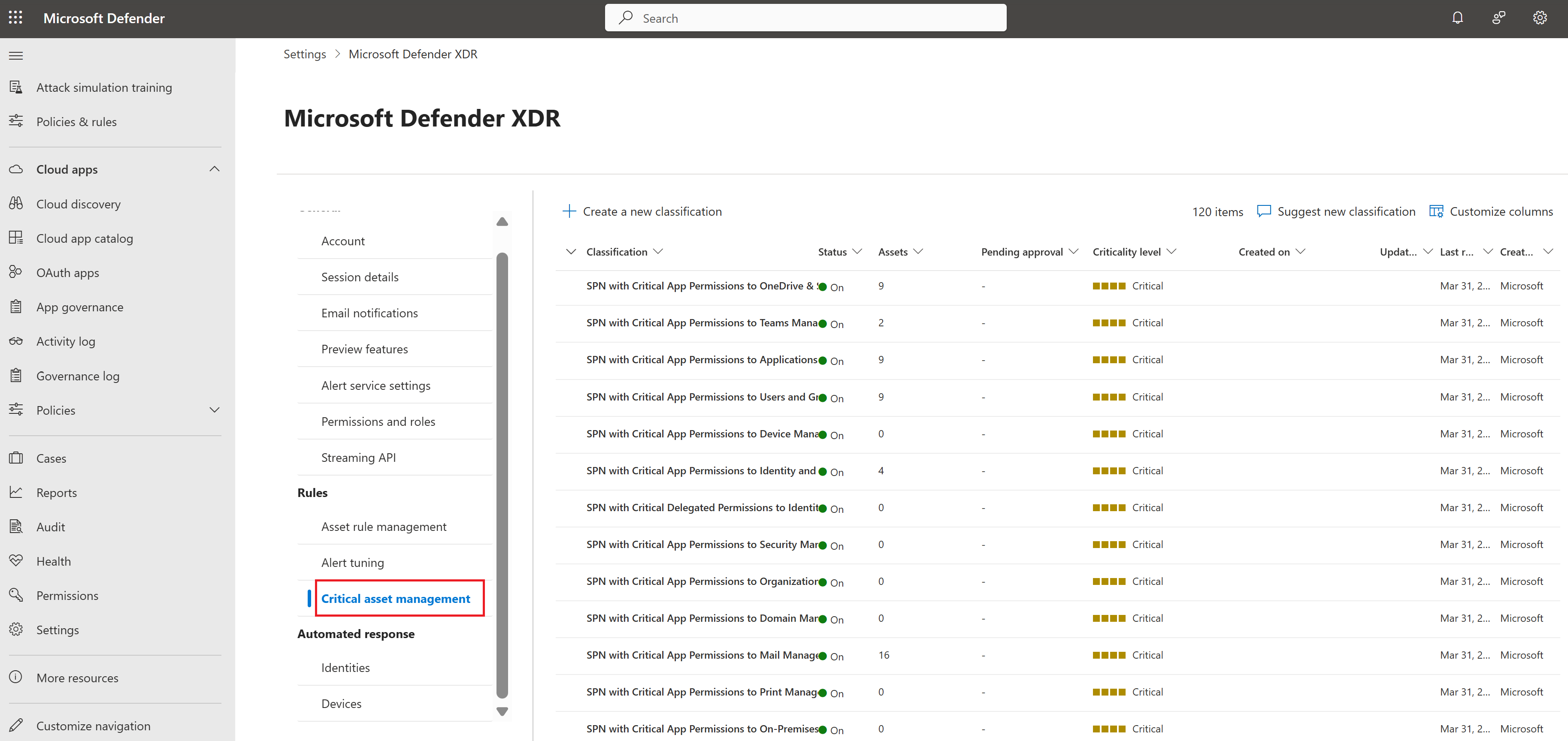 Screenshot of the Critical asset management page in the Defender XDR portal.