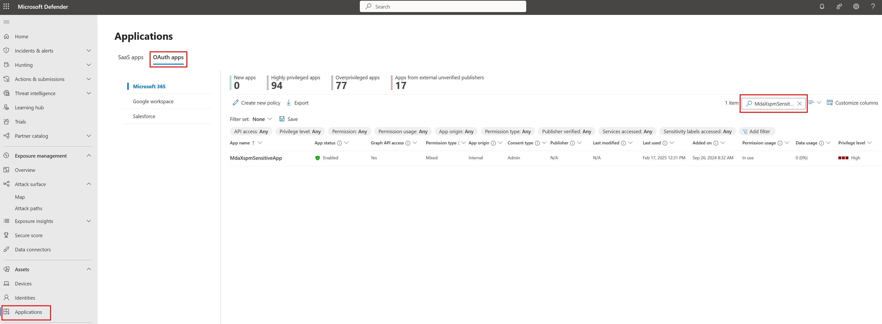 Screenshot showing the OAuth applications tab