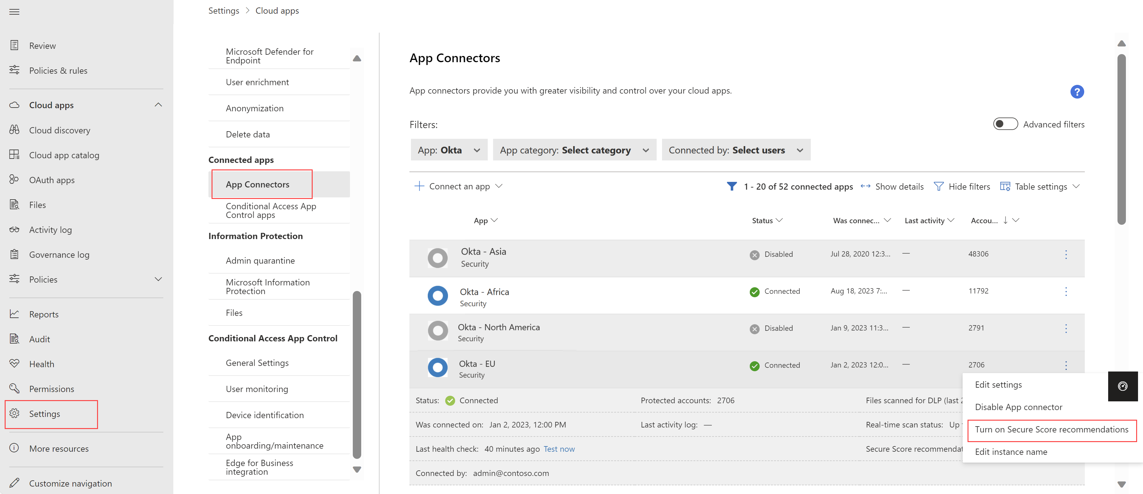 Screenshot of the Turn-on Secure Score recommendations option.